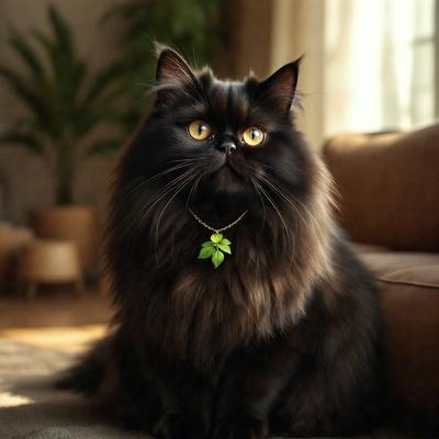 The primary subject of the image is a black cat sitting on a couch. The cat is wearing a green leaf necklace, adding a touch of color to the scene. The setting is indoors, with a couch visible in the background. The visual style appears to be a photo, capturing the cat in its natural environment. The colors and mood of the image are predominantly black and white, with the green leaf necklace adding a pop of color to the scene.